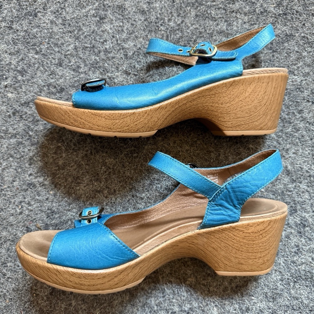 Dansko Joanie Wedge Sandal Boho Hippie Faux Wood Heel Blue Sz EU 41 US 10.5/11 - Picture 2 of 9